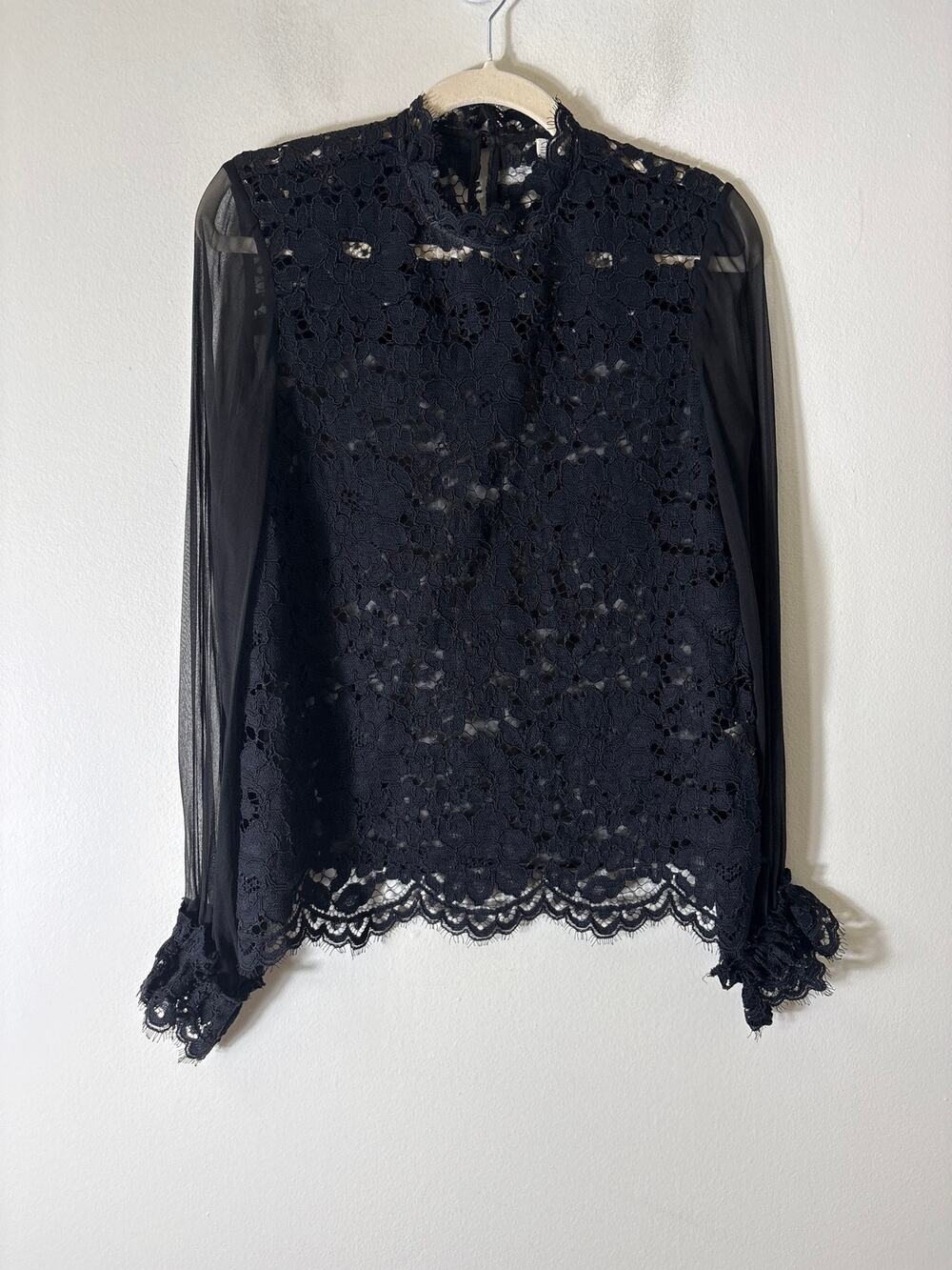 Alexis Black Long Sleeve Lace High Neck Blouse Sz M